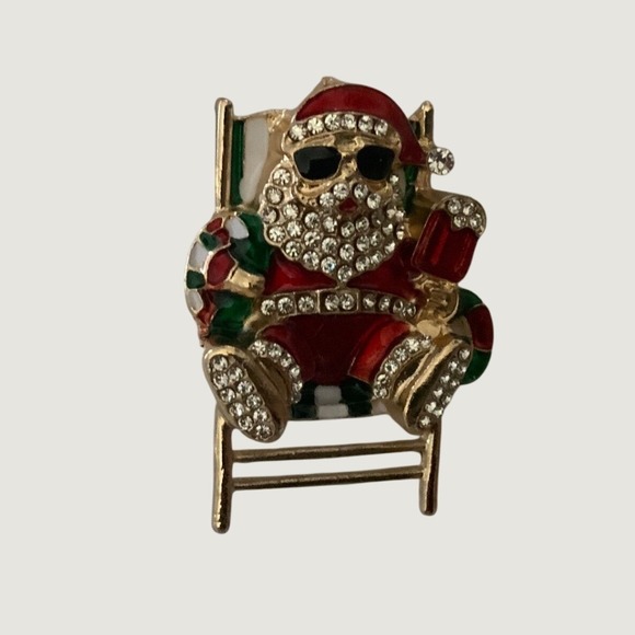 Jewelry - Christmas Santa Claus Beach Chair Rhinestone Enamel Brooch Pin Gold Tone 2 Inch